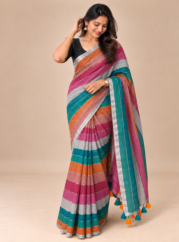 Premium 120 Count Mul Cotton Saree – Teal Green, Wine & Peach Multicolour Stripes