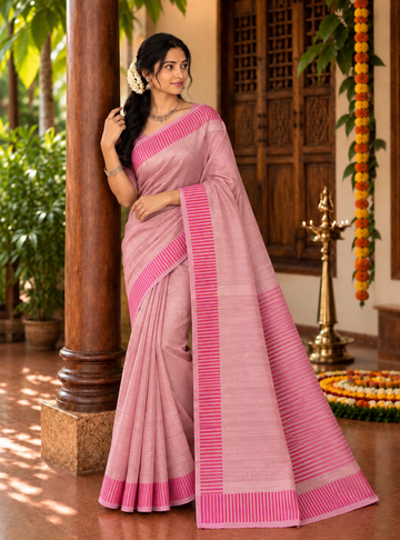 Soft Tissue Mul Cotton Saree _ Blush Pink Colour with Striped Border