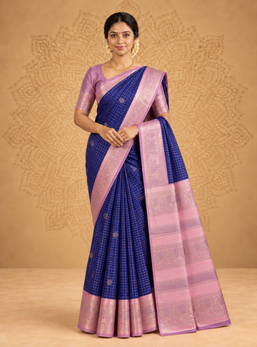 Semi-Gadwal Silk Saree _ Royal Blue With Baby Pink & Vintage Pattern