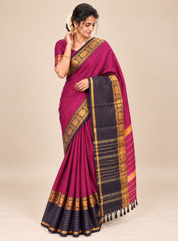 Narayanpeth Cotton Saree With Traditional Border – Navy Blue  & Magenta