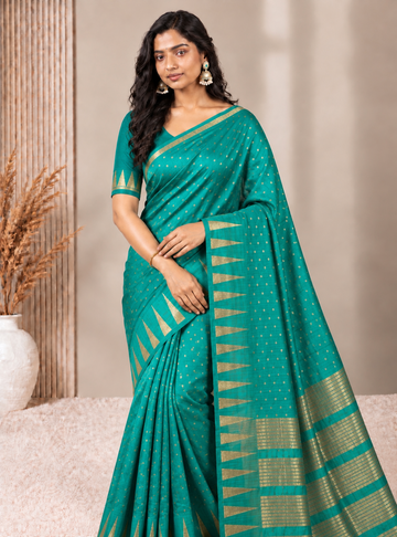 Tussar Silk Saree _ Dark Rama Green With Temple Border