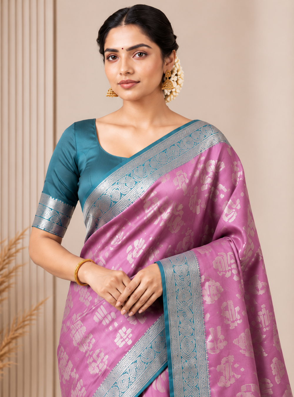 Chanderi Cotton Saree _ Elegant Pink & Teal with Full Thread Weaving