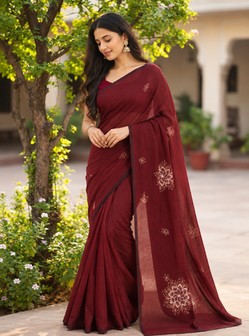 Silk Cotton Saree _ Wine Maroon Floral Embroidered with Running Blouse