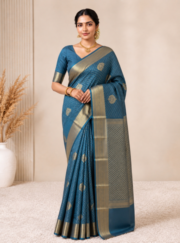 Royal Teal Blue Semi-Silk with All Over Golden Zari Weaving
