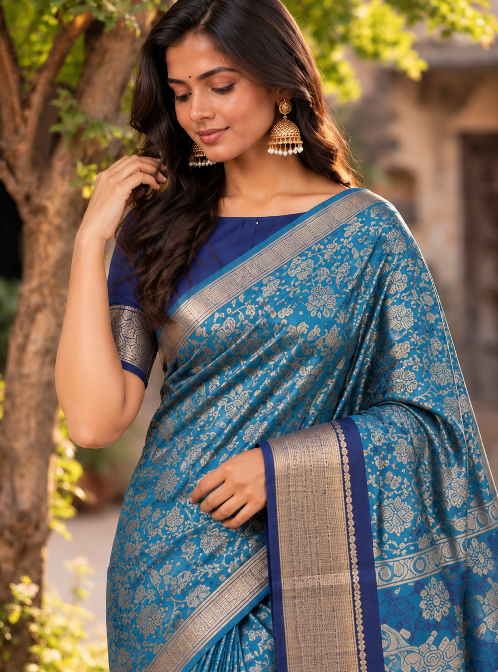 Printed Crepe Saree _ Teal Blue with Binny Silk Border