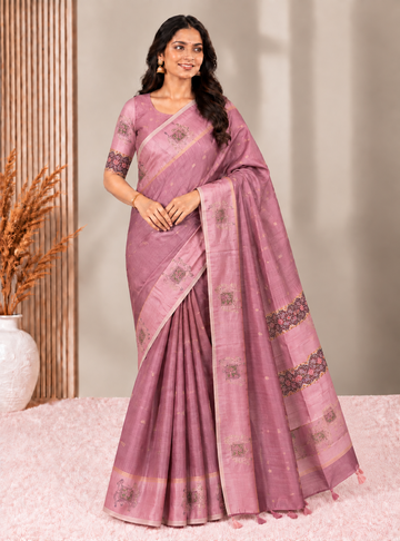 Lotus Pink Bhagalpuri Silk Saree With Elephant Motifs & Printed Pallu