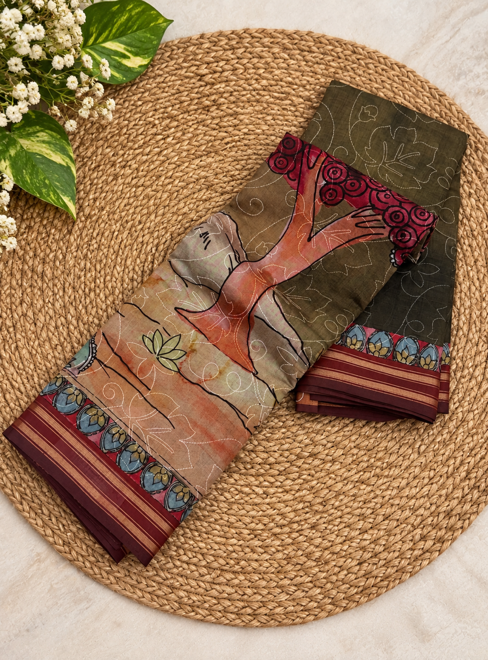 Chanderi Cotton Saree _ Olive Green Colour  & Full Thread Embroidery