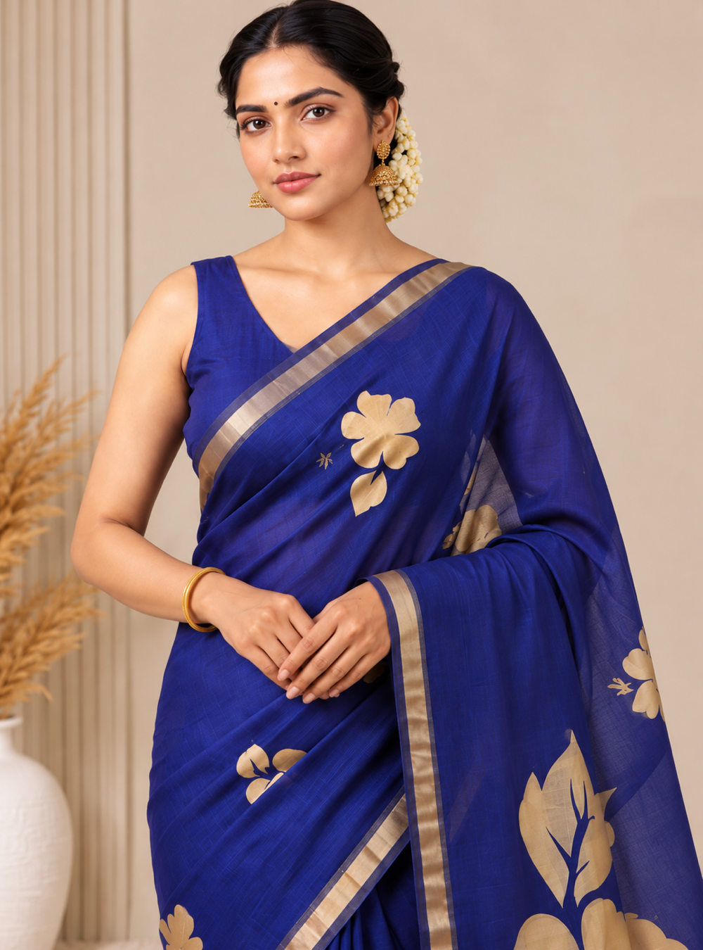 120 Count Mul Cotton Saree _ Royal Blue with Gold Floral Motifs