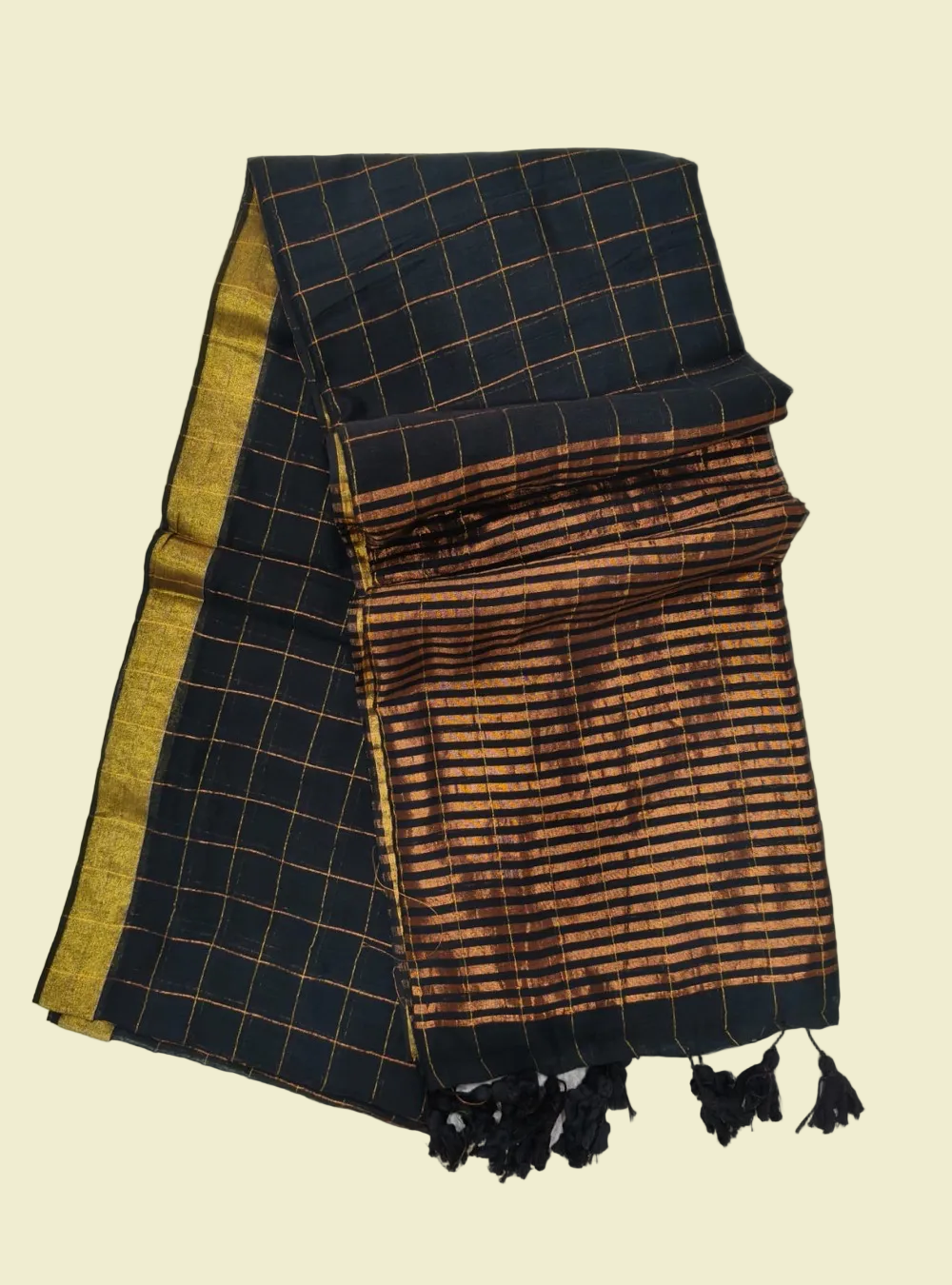 Premium 120 Count Mul Cotton Saree – Black with Antique Gold Checks & Border