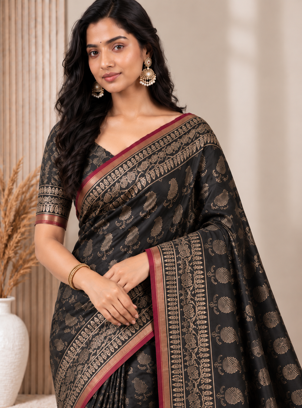 Black & White Linen Cotton Saree with Red Border