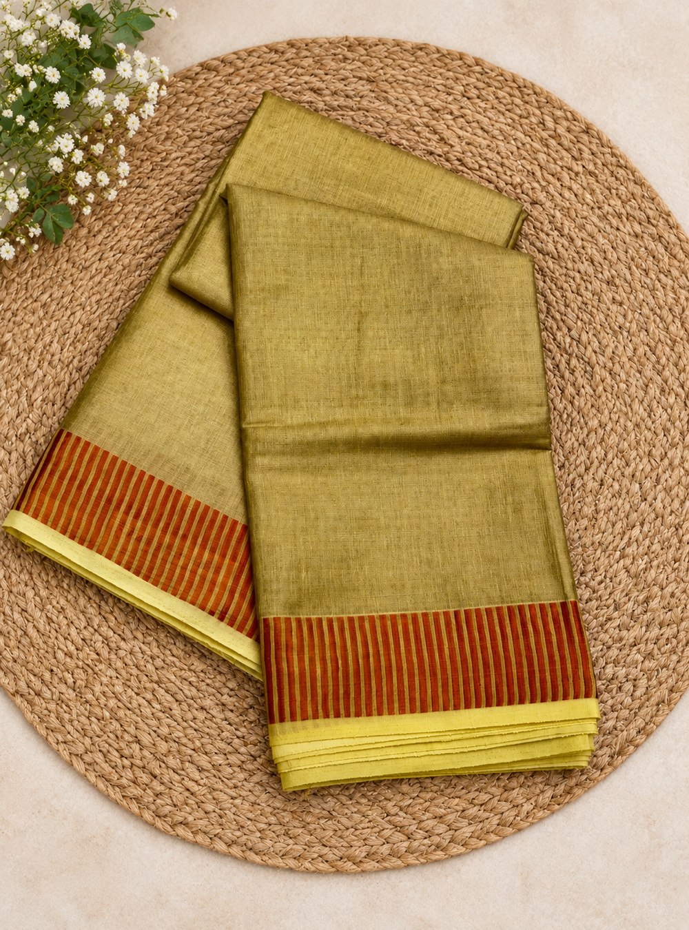 Soft Tissue Mul Cotton Saree_Sunshine Yellow with Copper Striped Border