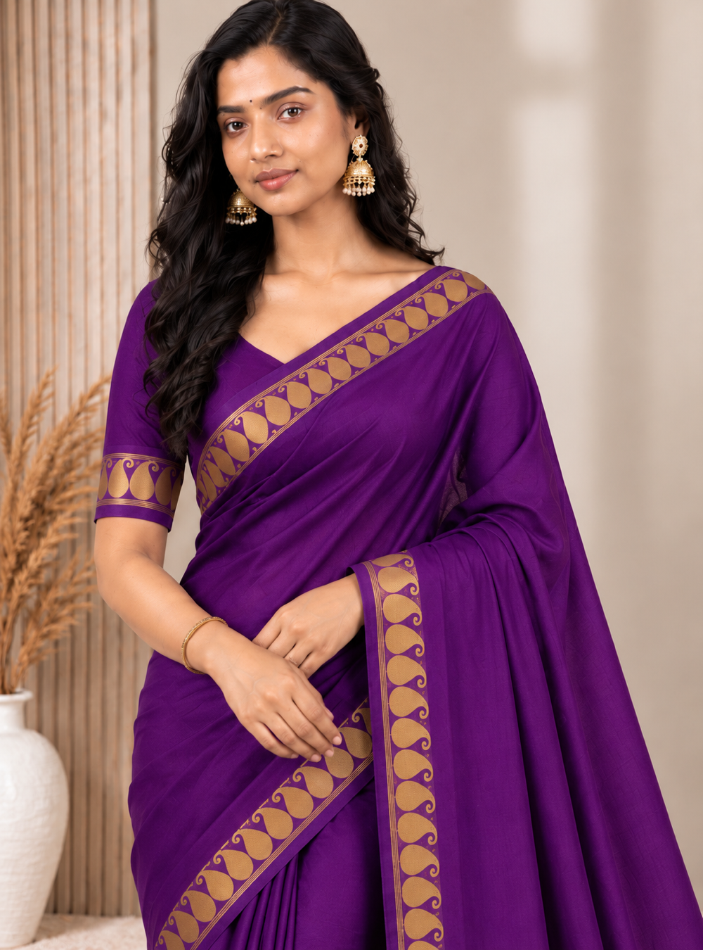 Mysore Semi Crepe Silk Saree _Royal Purple  Golden Border