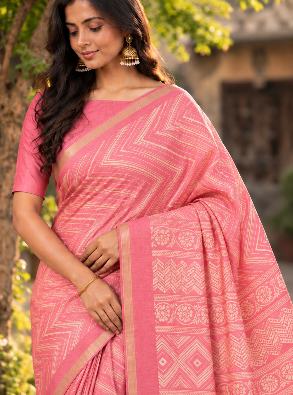 Printed Tusser Silk Saree with Rose Pink | Designer Pallu