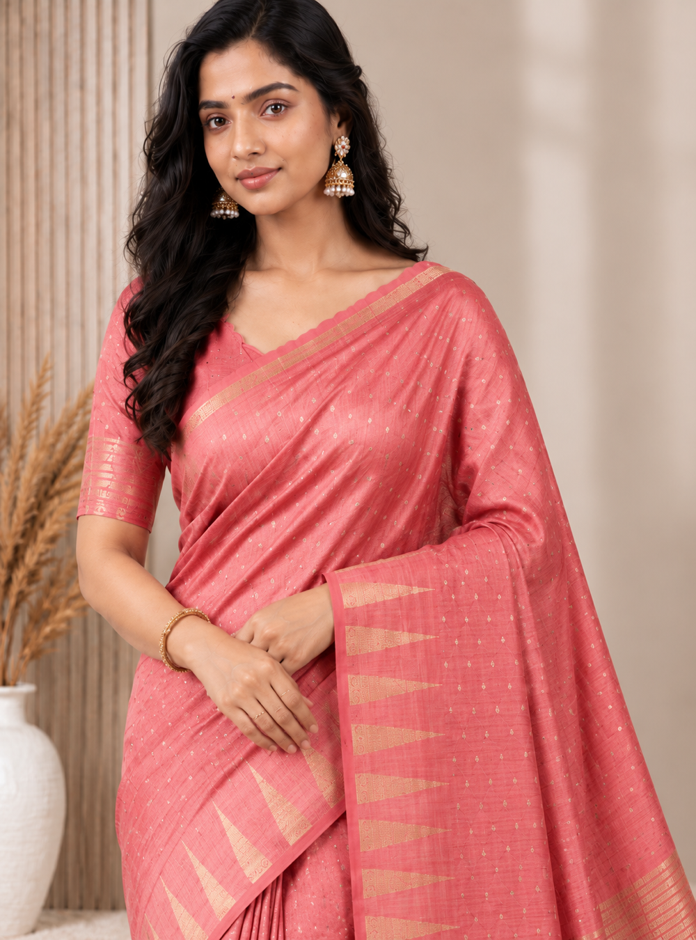 Tussar Silk Saree _ Peachy Pink with Temple Border