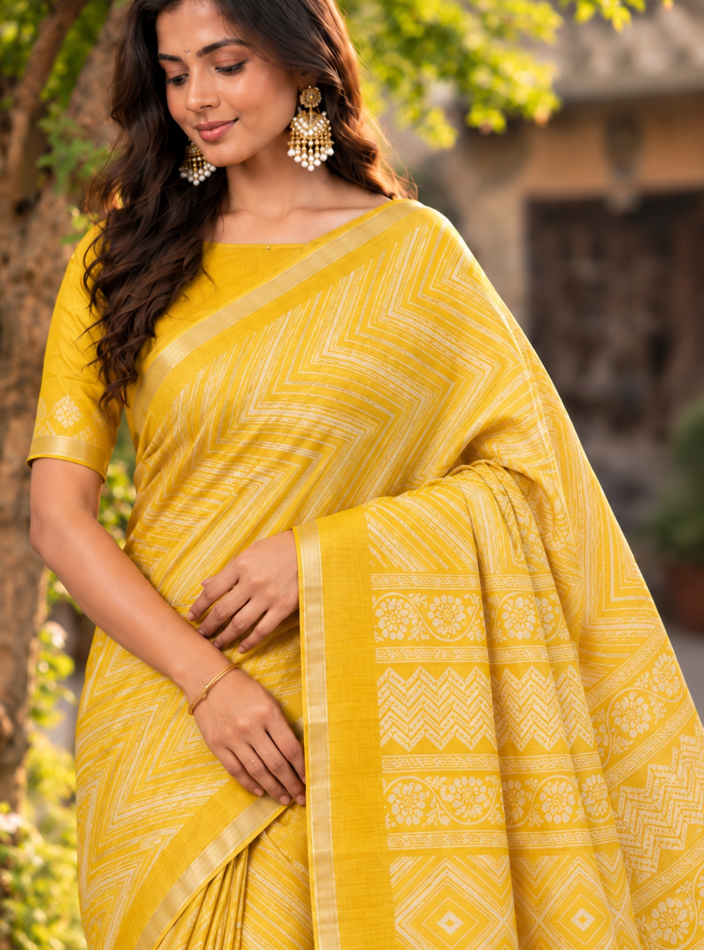 Printed Tusser Silk Saree with Mustard Yellow |Designer Pallu