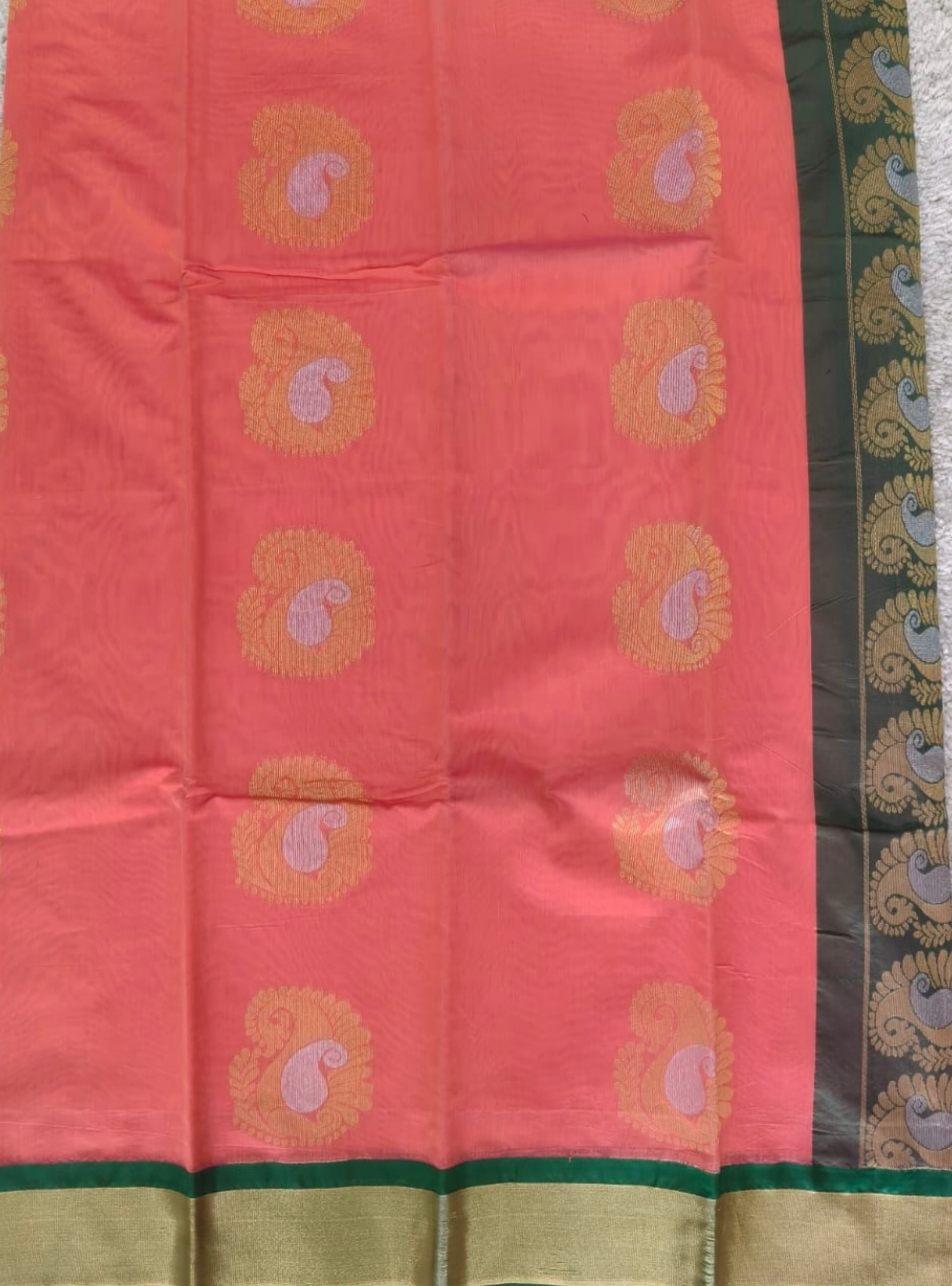 Silk Cotton Saree _ Coral Pink With Green Zari Border