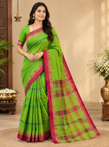 Chettinad Cotton Saree _ Parrot Green with Contrast Pink Border