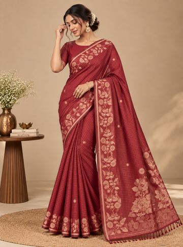 Chanderi Cotton Saree – Wine Red with Floral Jamdhani Weaving