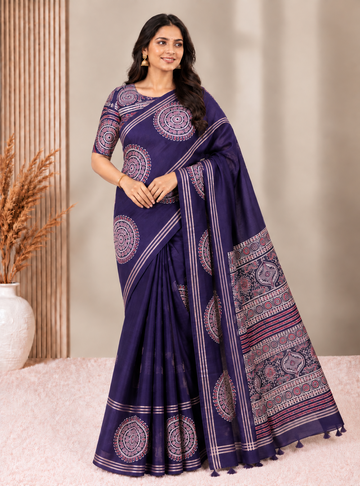 Matka Tussar Silk Saree _ purple Blue with Chakra Print