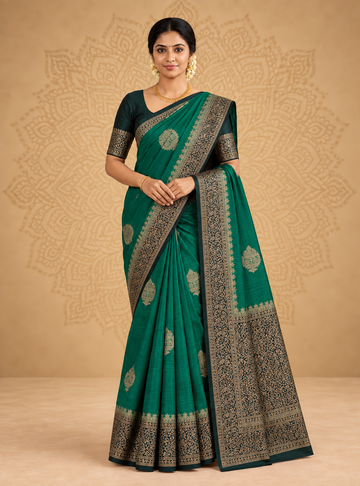 Banarasi Silk Saree _ Emerald Green with Bottle Green & Gaddi Zari Border