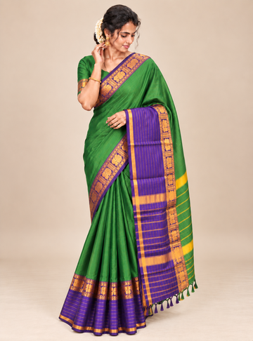 Narayanpeth Cotton Saree With Traditional Border – Green & Royal Blue