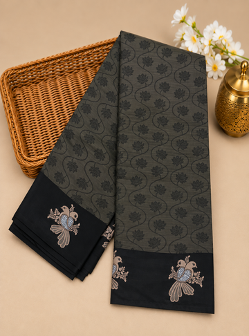 Semi  Tussar Saree with Olive Grey & Charcoal |Self Weave Pattern