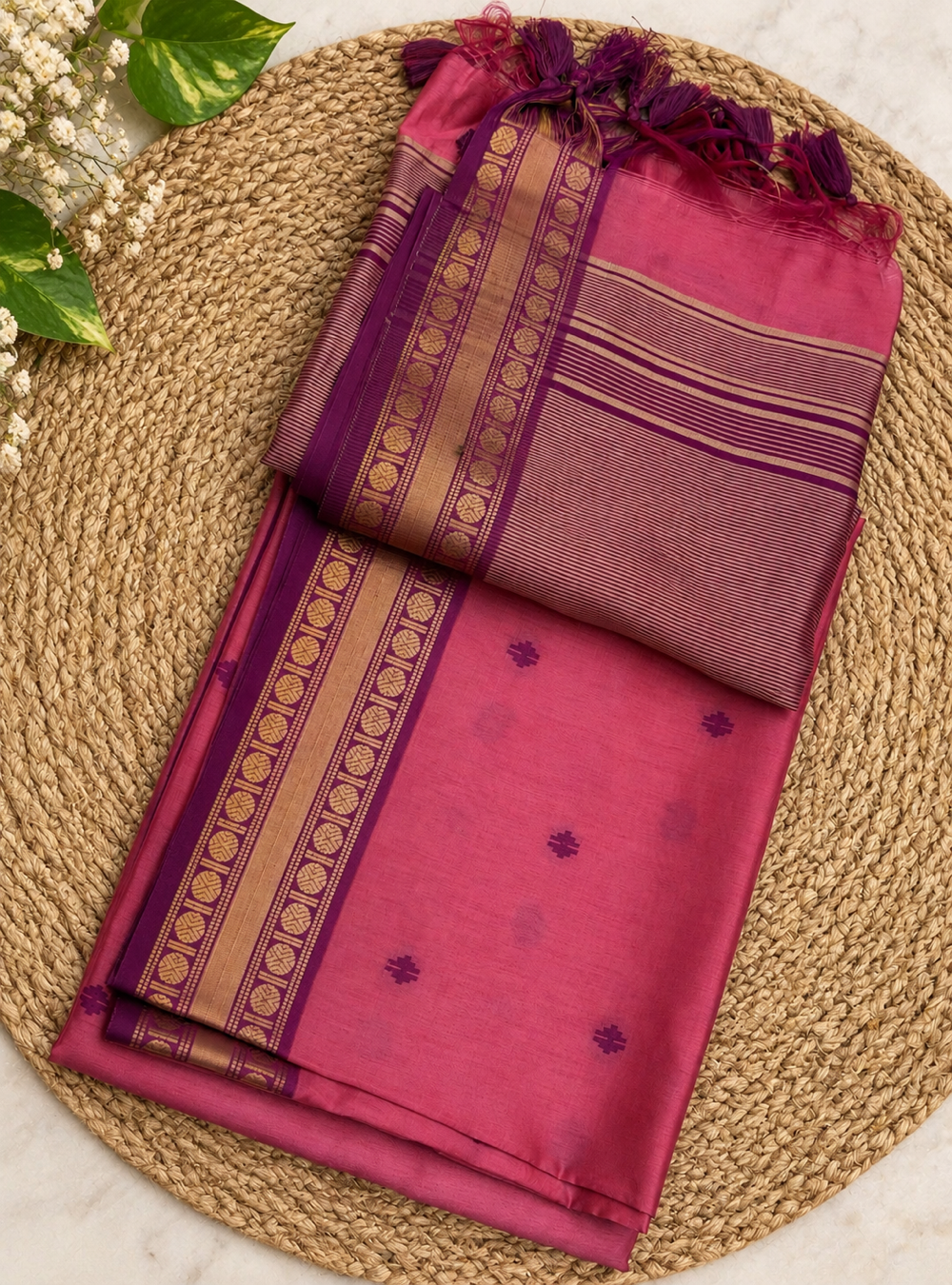 Raw Silk Saree _Rani Pink Colour with Contrast Pallu &  Double-Sided Woven Border