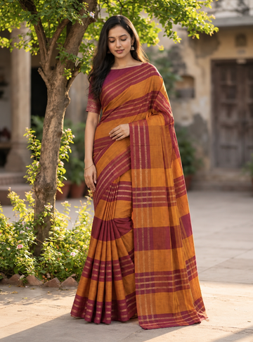 Chettinad Cotton Saree _  Mustard Orange & Maroon With Traditional Border