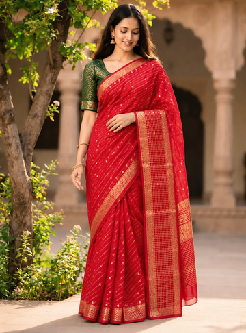 Crepe Silk Saree _ Elegant Red  With Rich Golden Zari & Contrast Green Blouse