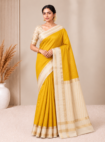 Semi Mysore Crepe Silk Saree _ Turmeric Yellow & cream With Bentex Border