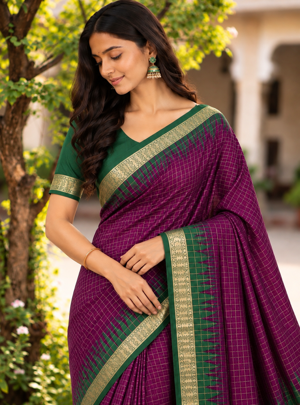 Deep Mejanta  - Green Colour Vintage Checked Viscose Chiffon Saree With Temple Border