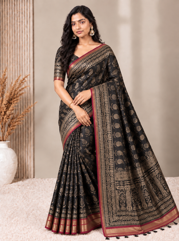 Black & White Linen Cotton Saree with Red Border