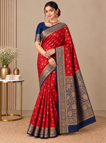 Deep Red Color Semi Georgette Banarasi Silk Saree with Navy Blue Border
