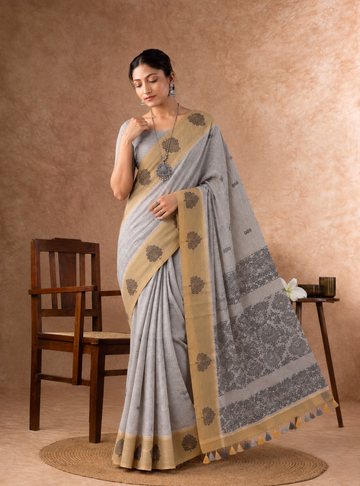Chettinad Cotton Saree _Silver Grey with Mustard Gold Border | Running Blouse
