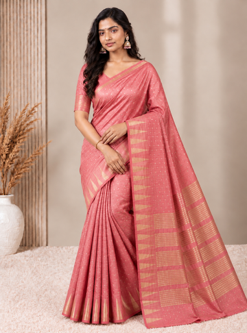 Tussar Silk Saree _ Peachy Pink with Temple Border