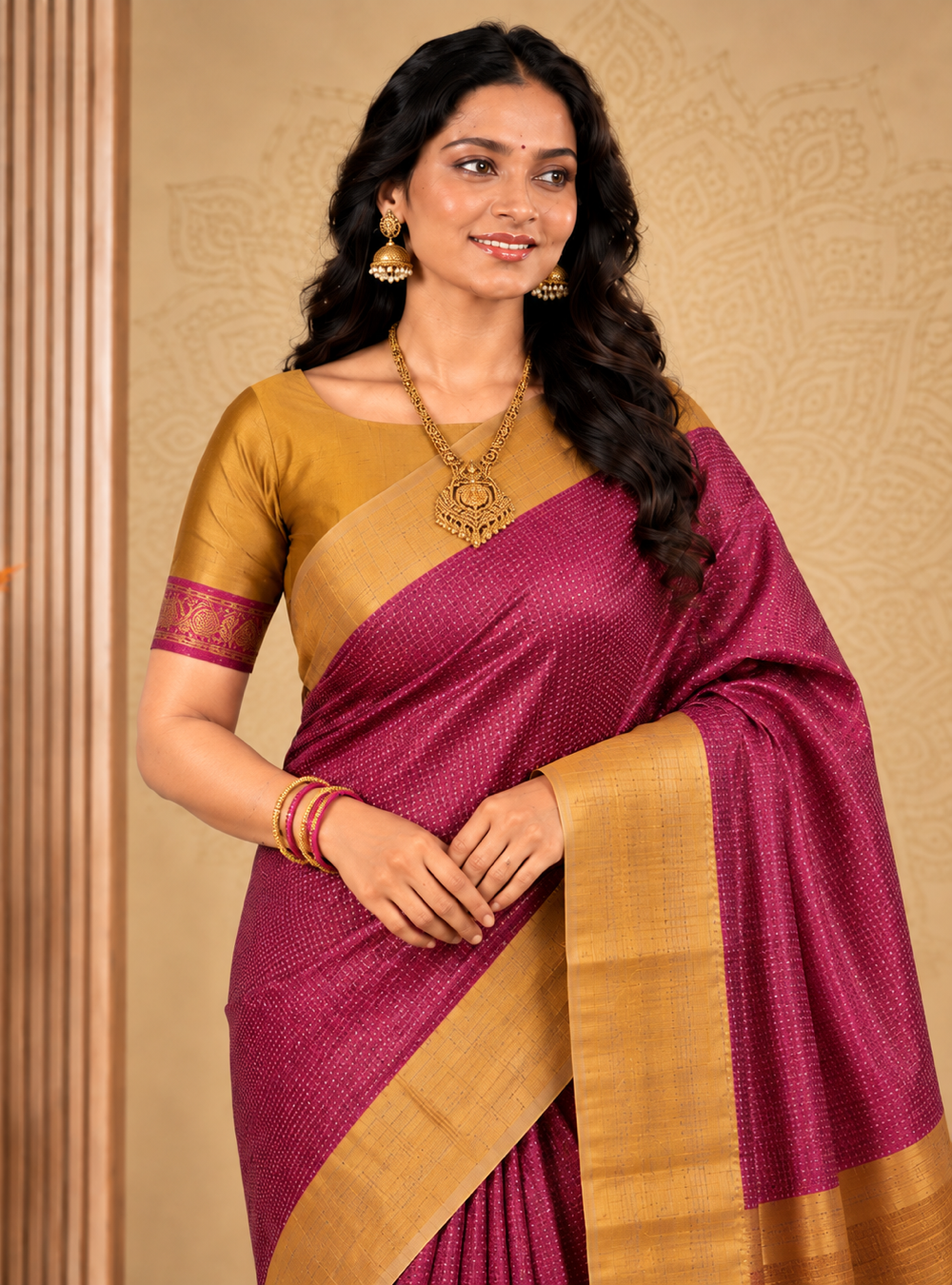 Tusser Silk Saree _ Pastel Pink  With All-Over Body  Golden Zari & Contras Border