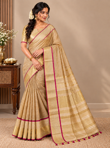 Tissue Khadi Cotton Saree – Sandal Beige with Rani Pink Border