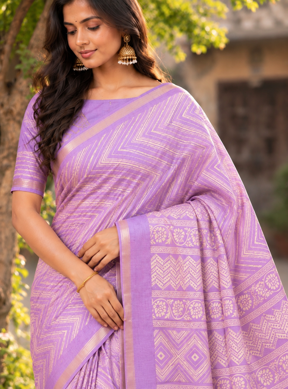 Printed Tusser Silk Saree with Lavender Purple | Designer Pallu