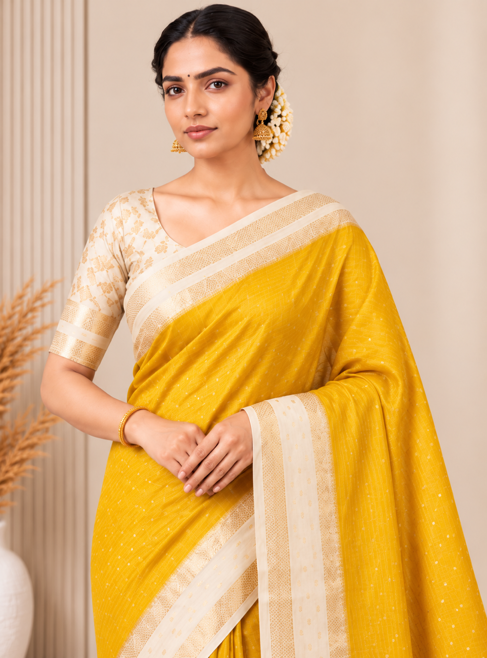 Semi Mysore Crepe Silk Saree _ Turmeric Yellow & cream With Bentex Border