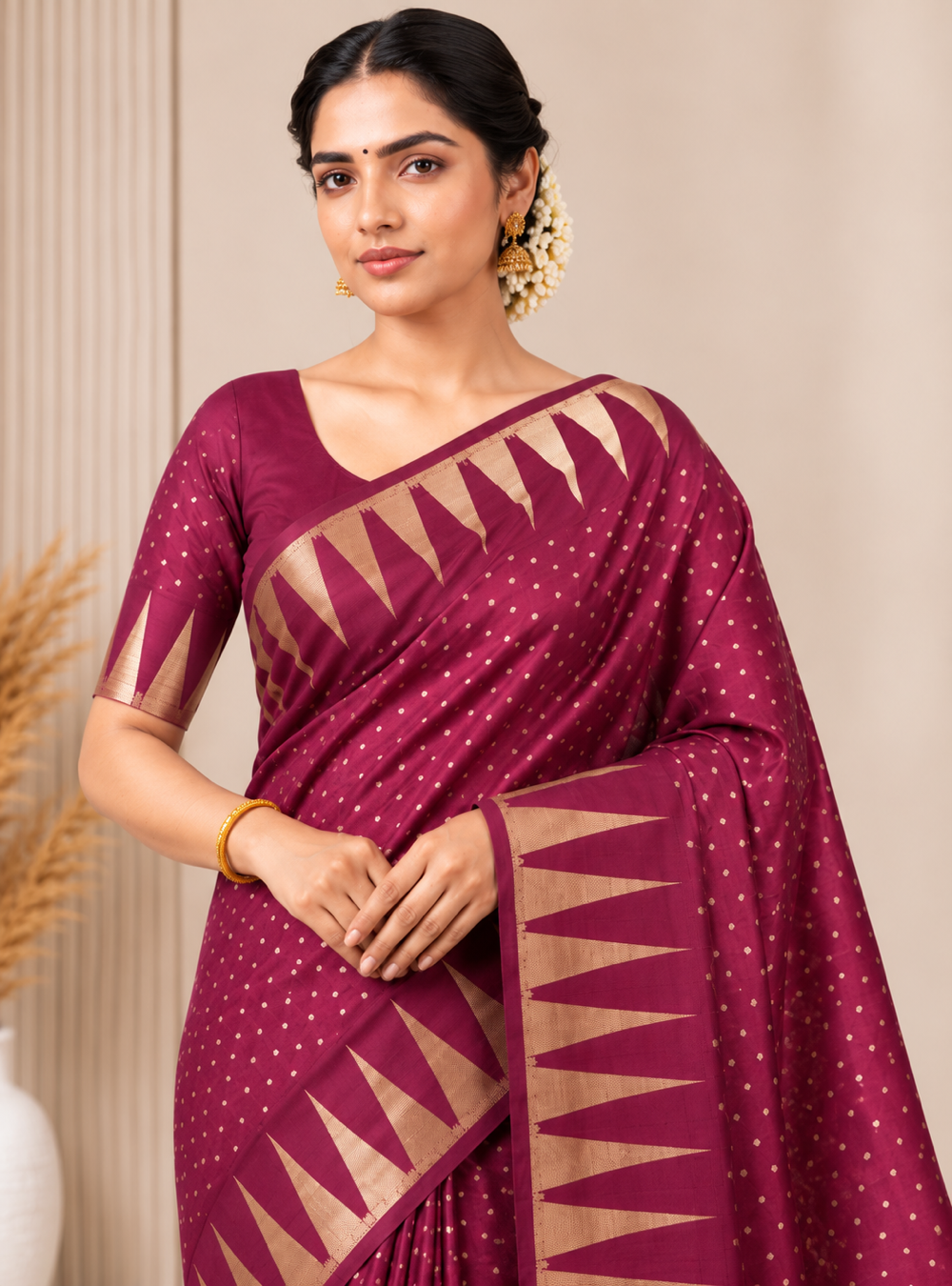 Tussar Silk Saree _ Rich Magenta Pink With Temple Border