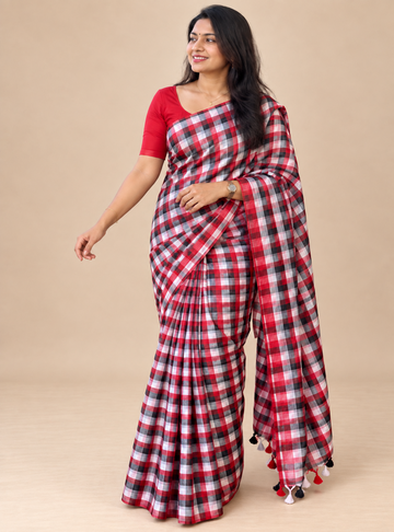 Premium 120 Count Mul Cotton Saree – Red, Black & White Checks
