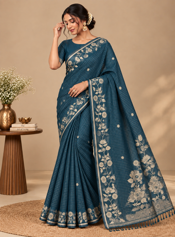 Chanderi Cotton Saree – Deep Teal Blue with Floral Jamdhani Weaving