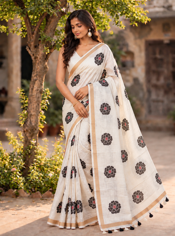 Linen Cotton Floral Printed Saree _ Ivory White with Contrast Border & Tassel Pallu