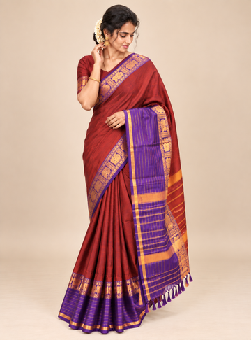 Narayanpeth Cotton Saree With Traditional Border – Maroon & Royal Blue