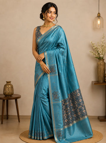 Teal Blue Colour Bagalpuri Silk Saree with Kamadhenu Golden Thread Weaving