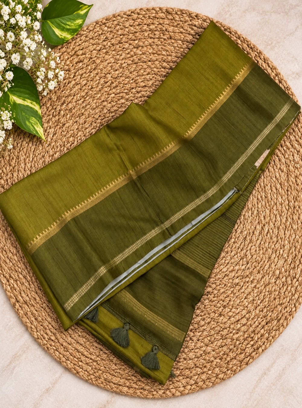 Matka Tussar Silk Saree _ Olive Green with Floral Print Blouse & Double-Side Zari Woven Border