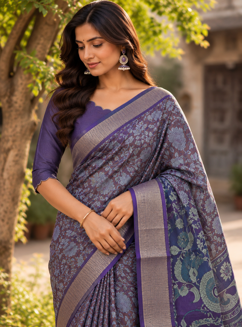 Printed Crepe Saree  _Purple Colour with Binny Silk Floral Design