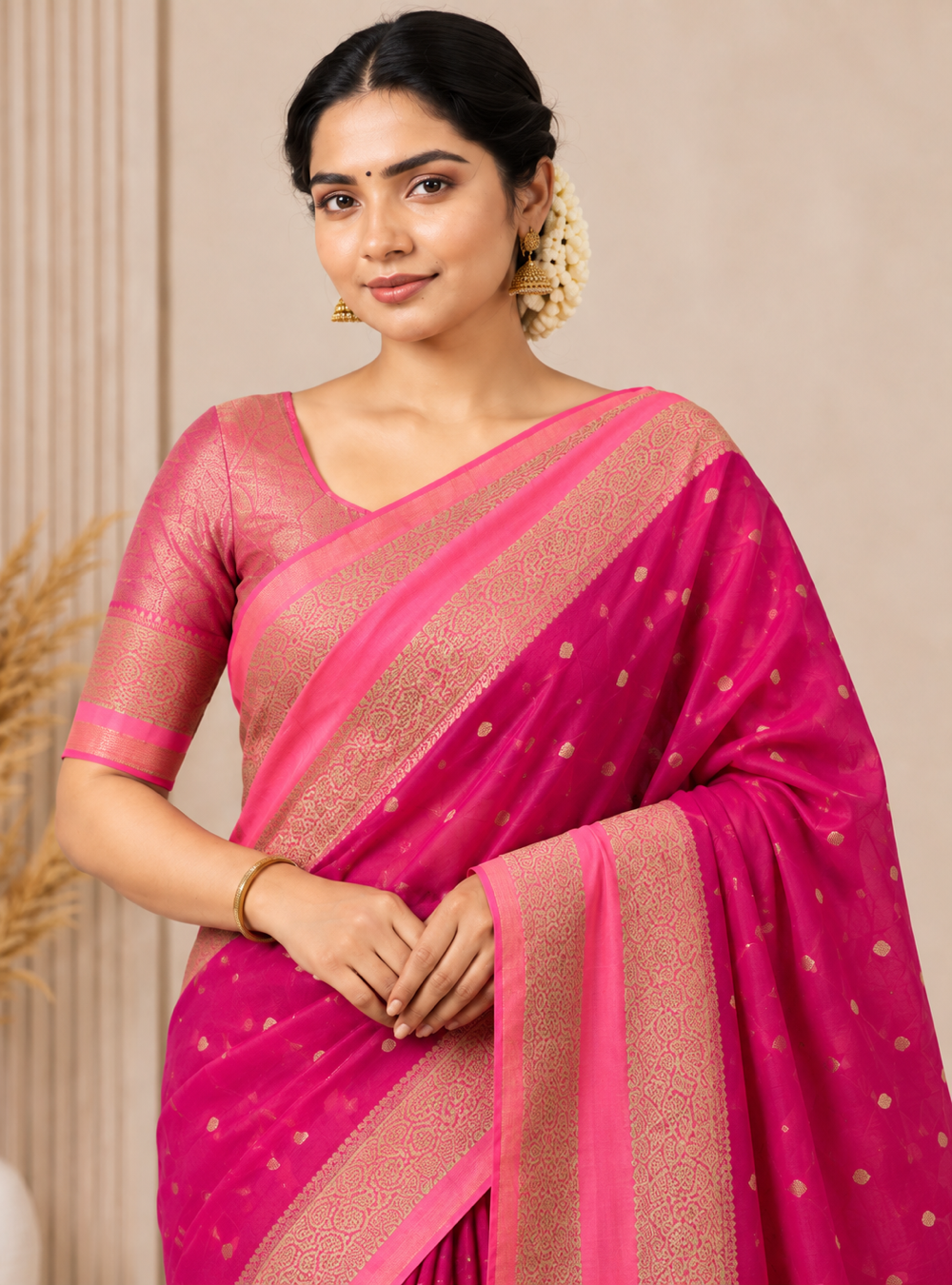 Banarasi Georgette Saree _ Pink Colour with Rich Silk Zari Weaving & Contrast Pallu
