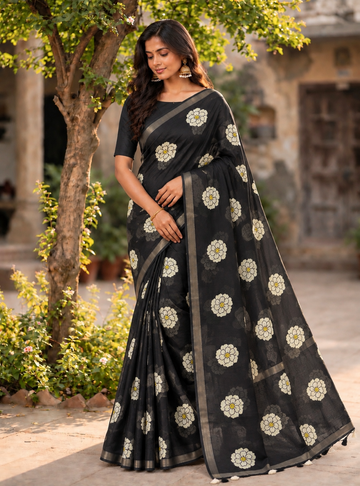 Floral Printed Linen Cotton Saree _ Black Colour with Elegant Metallic Border