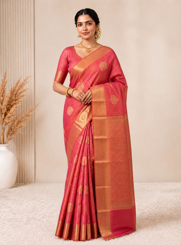 Coral Peach Heavy Soft Silk Saree with Rich Gold Zari Border & Pallu